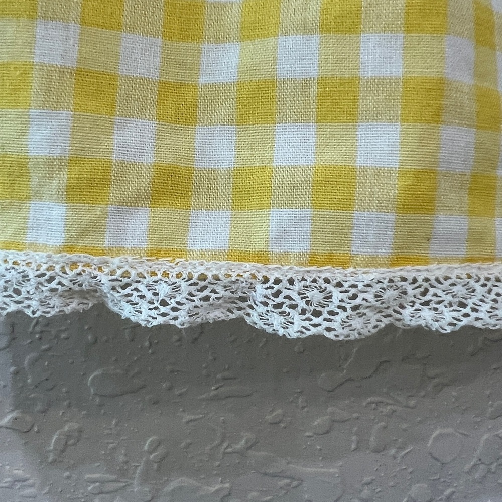 Handmade Yellow White Gingham Half Apron With Lace Trim Pockets Vintage Style - Picture 5 of 8